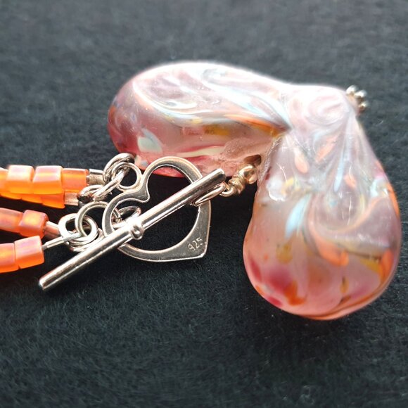 Vintage 1990s Bold Lampwork Art Glass Heart 925 Silver Pendant Necklace - Picture 8 of 14